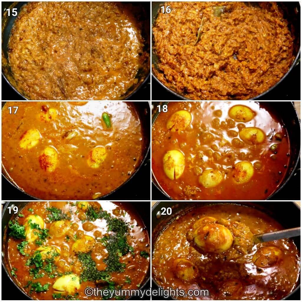 collage image of 6 steps showing making the egg curry. It shows cooking the tomato cashew paste, addition of boiled eggs, and garnishing it with coriander leaves to make restaurant style egg curry.
