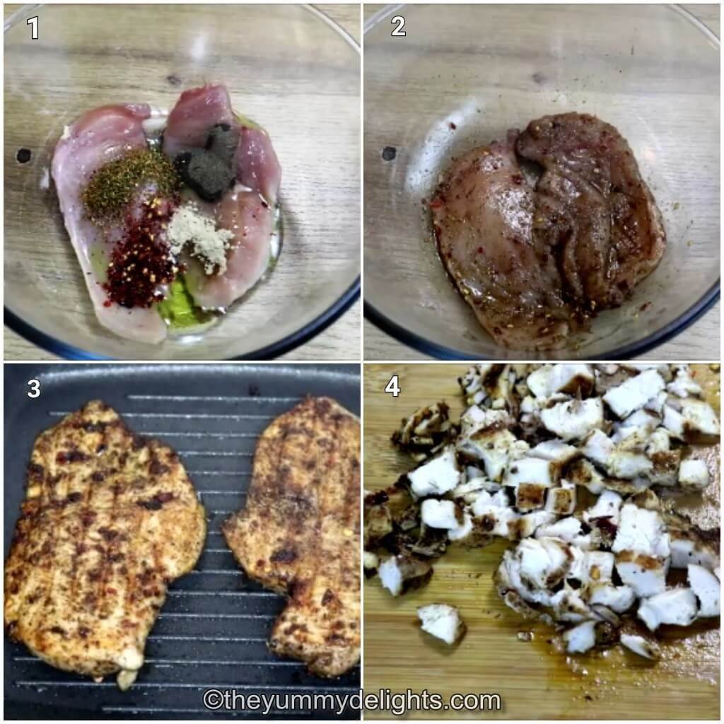 collage image of 4 steps showing how to make grilled chicken. Shows marinating the chicken, grilling and chopping the grilled chicken.