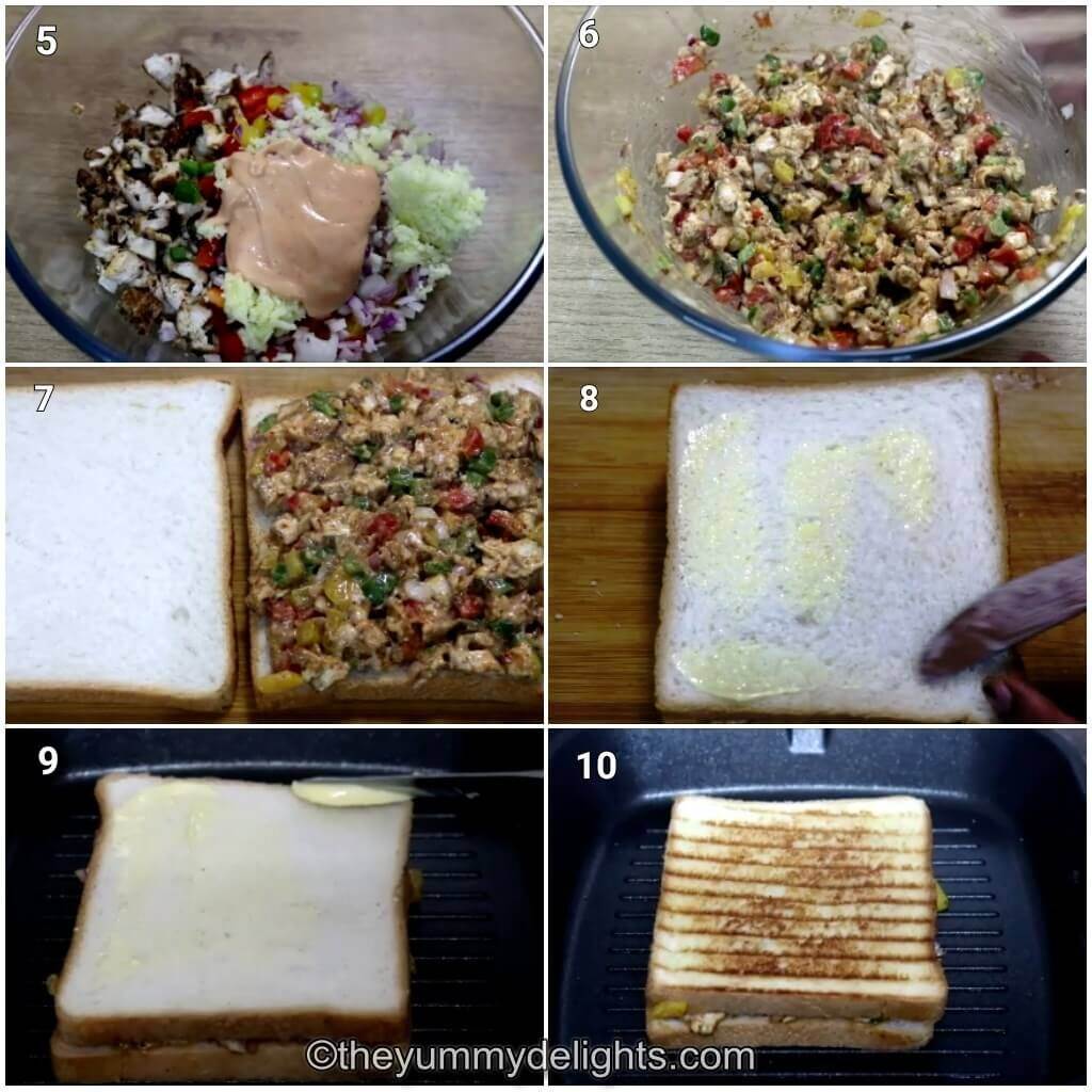 collage of 6 images showing how to make grilled chicken sandwich. Shows making the sandwich filling, assembling the sandwich and toasting the sandwich on grill.