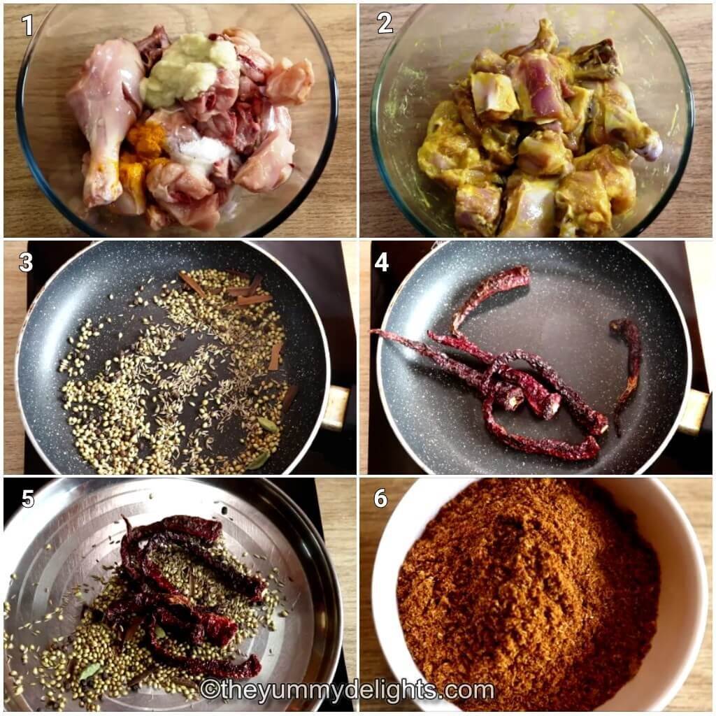 image collage of marinating the chicken and making chicken fry masala