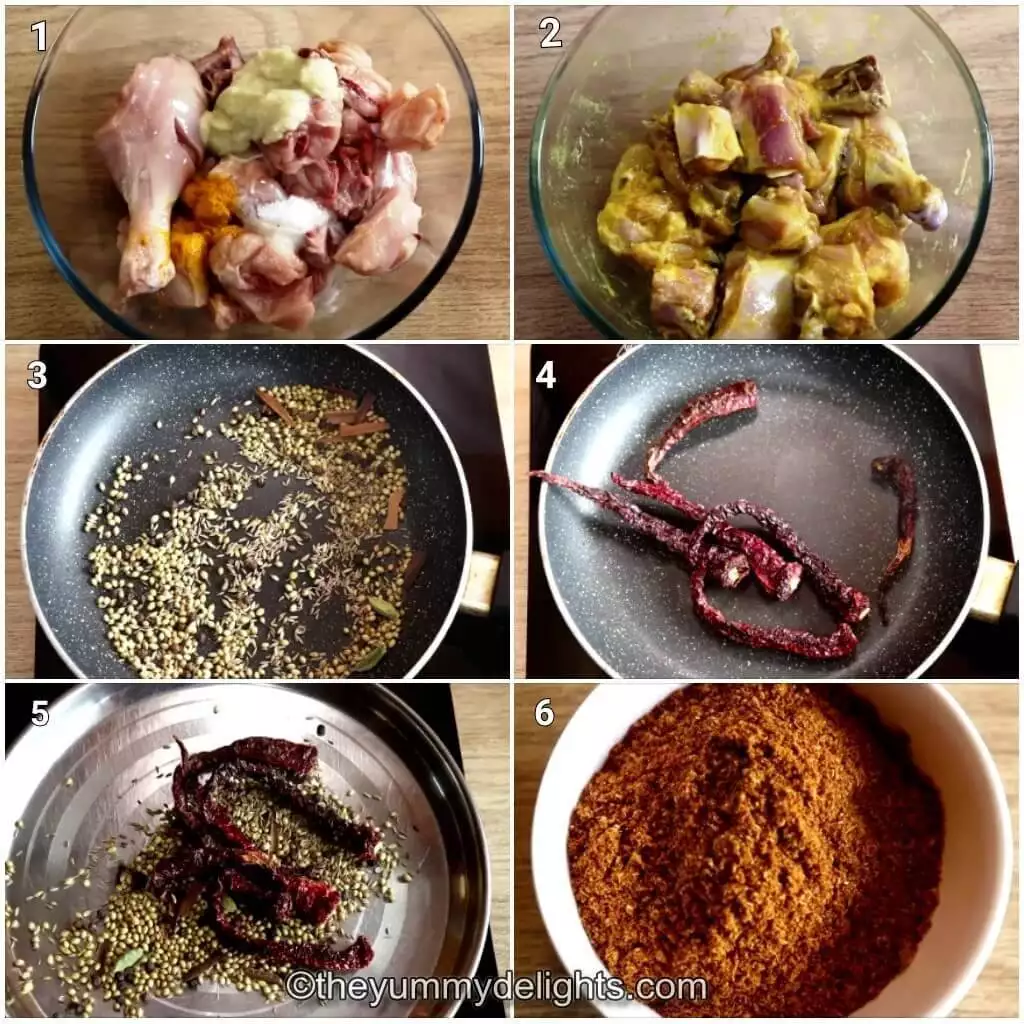collage image of 6 steps showing how to make andhra chicken fry. It shows marinating the chicken and making chicken fry masala.