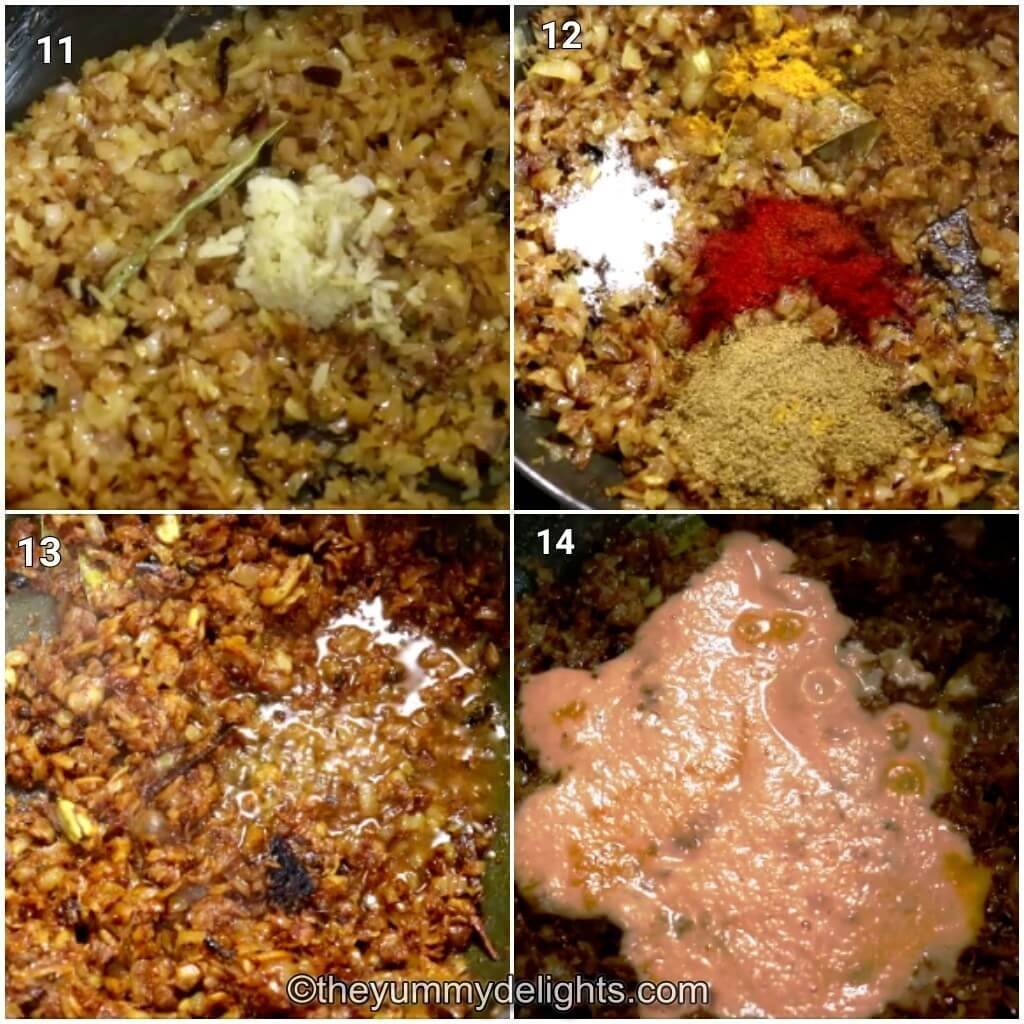 image collage of sauteing ginger-garlic paste, spices and addition of tomato-cashew paste to make egg curry