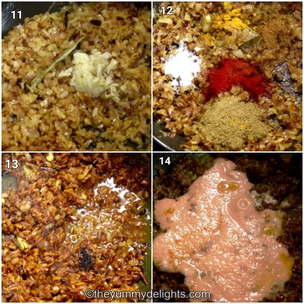 collage image of 4 steps showing making the restaurant style egg curry base. It shows addition of ginger, garlic, spice powders and cooking them. It also shows addition of tomato-cashew paste.
