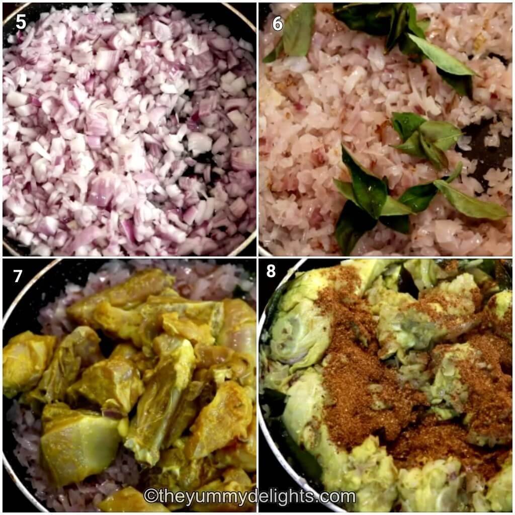 image collage of sauteing the onions and addition of chicken fry masala