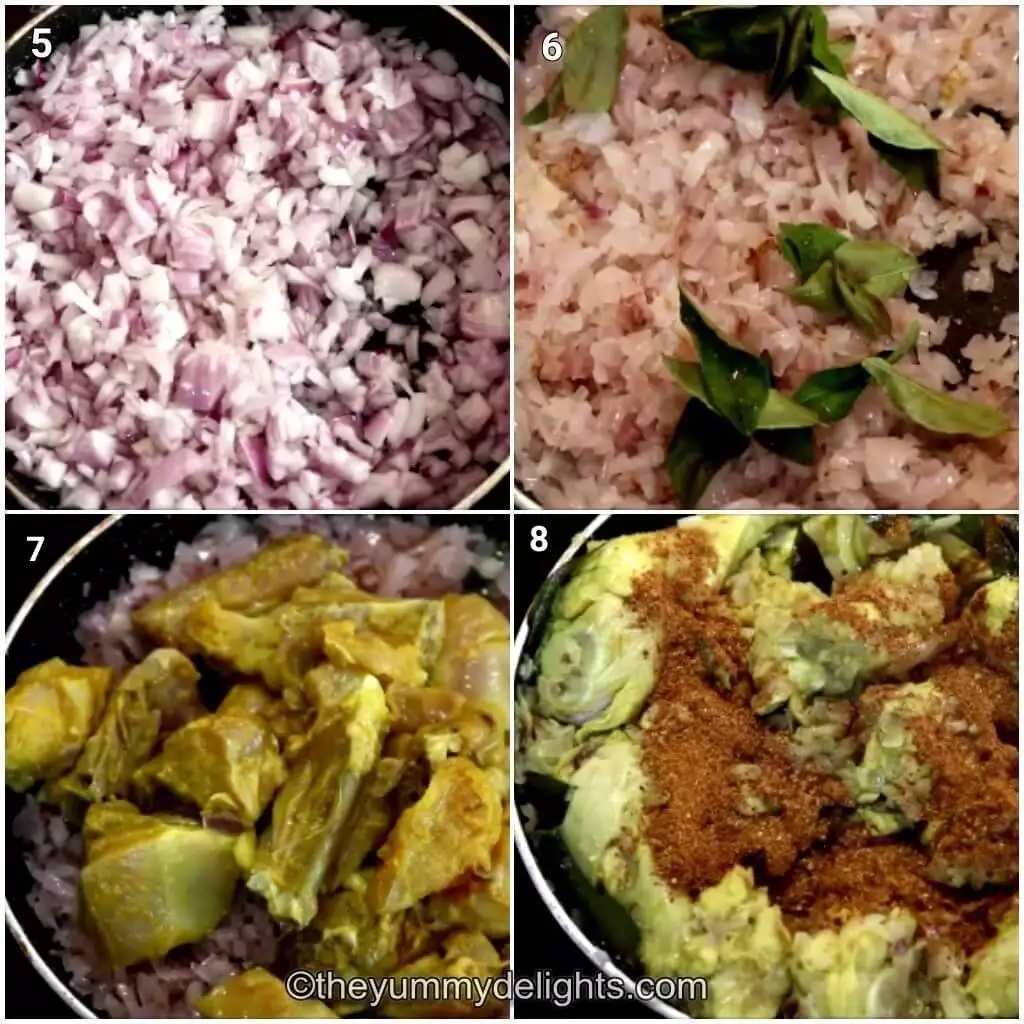 collage image of 4 steps showing sauteing the onions and addition of chicken fry masala.