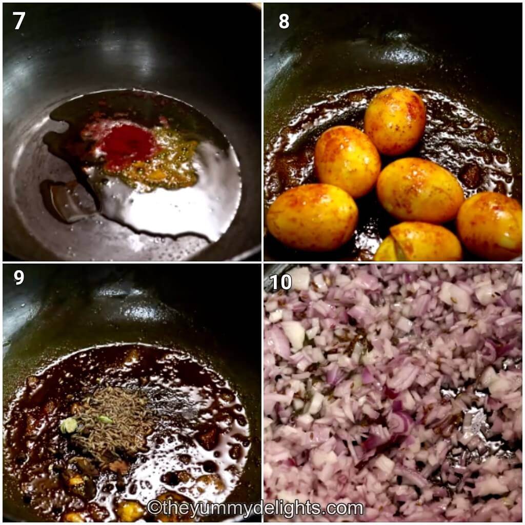 collage image of 4 steps showing how to make restaurant-style egg curry. It shows stir-frying boiled eggs with turmeric and red chili powder. It also shows addition of whole spices to the tempering and addition of onions.