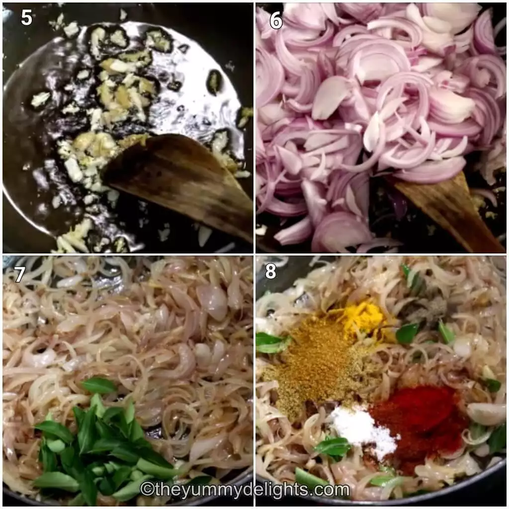 step by step image collage of sauteing onions and addition of spices to make Kerala egg roast recipe