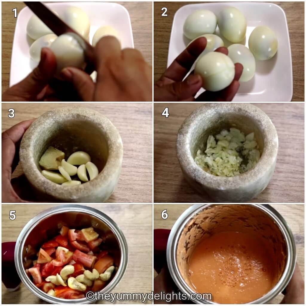 image collage of preparations for making dhaba style egg curry