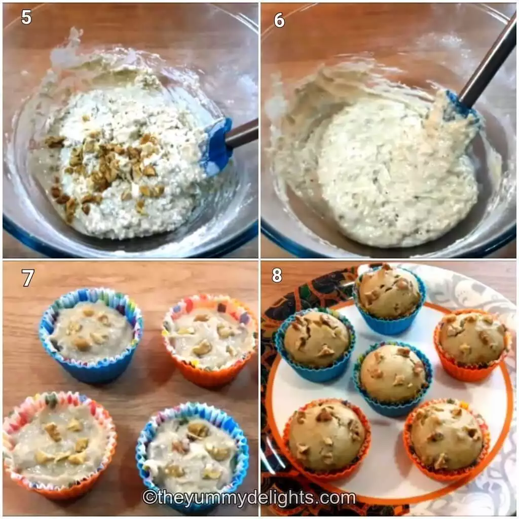 collage of 4 images showing addition of walnuts to the muffin batter, pouring it into the muffin mould and baking the banana walnut muffins.