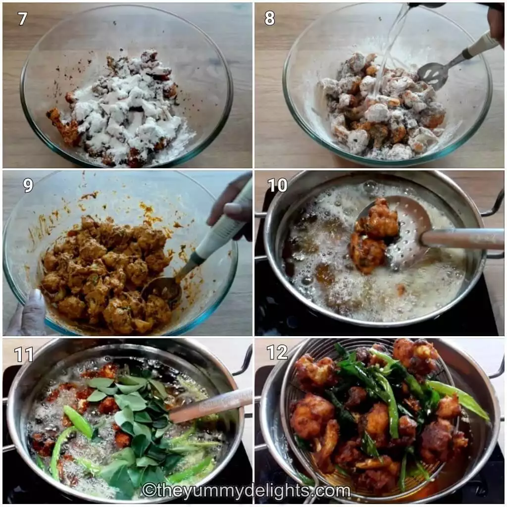 collage of 6 images showing fruing gobi 65. It shows addition of flour to gobi and deep frying it.