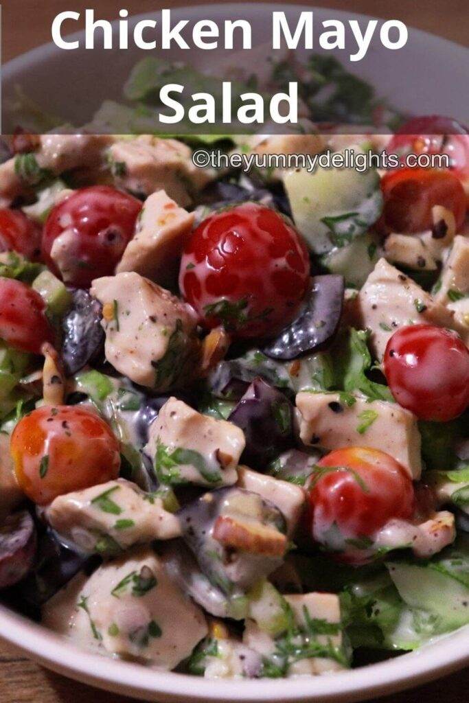 close up image of  chicken salad in a white bowl.