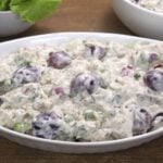 chicken mayo salad served in a ceramic bowl.