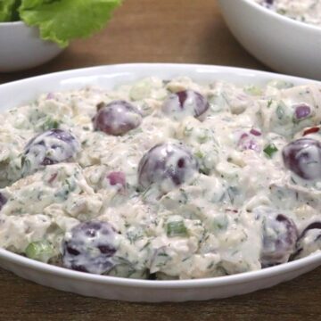chicken mayo salad served in a ceramic bowl.