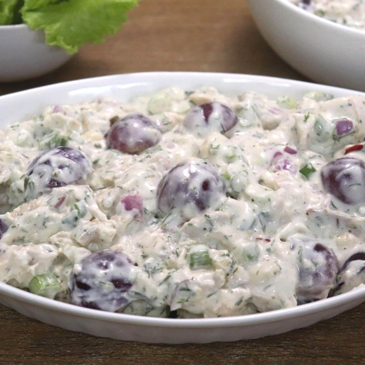 chicken mayo salad served in a ceramic bowl.