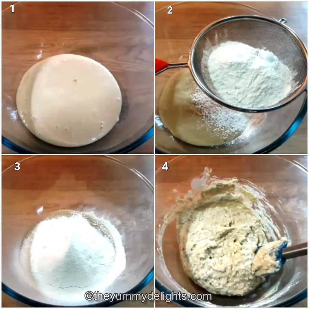 collage of 4 images showing how to make eggless banana walnut muffins. It shows making the banana puree, mixing the dry and wet ingredients to make the banana muffin batter.