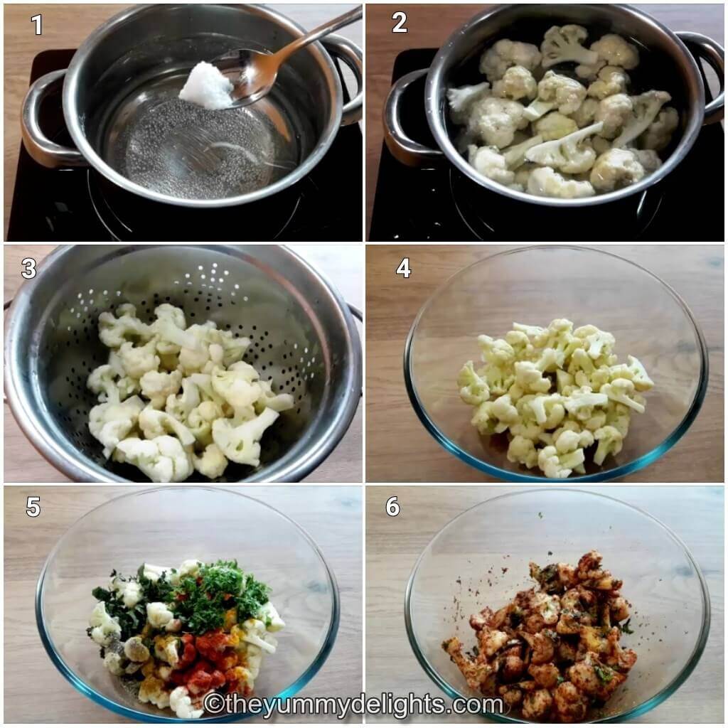 collage of 6 images showing how to make gobi 65. It shows blanching gobi, and addition of flour and spices to gobi.