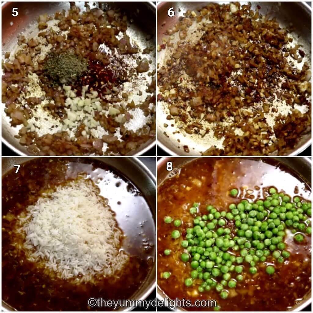 collage image of 4 steps showing how to make Greek lemon chicken and rice.Shows addition of garlic and seasoning, addition of chicken broth, rice and green peas.
