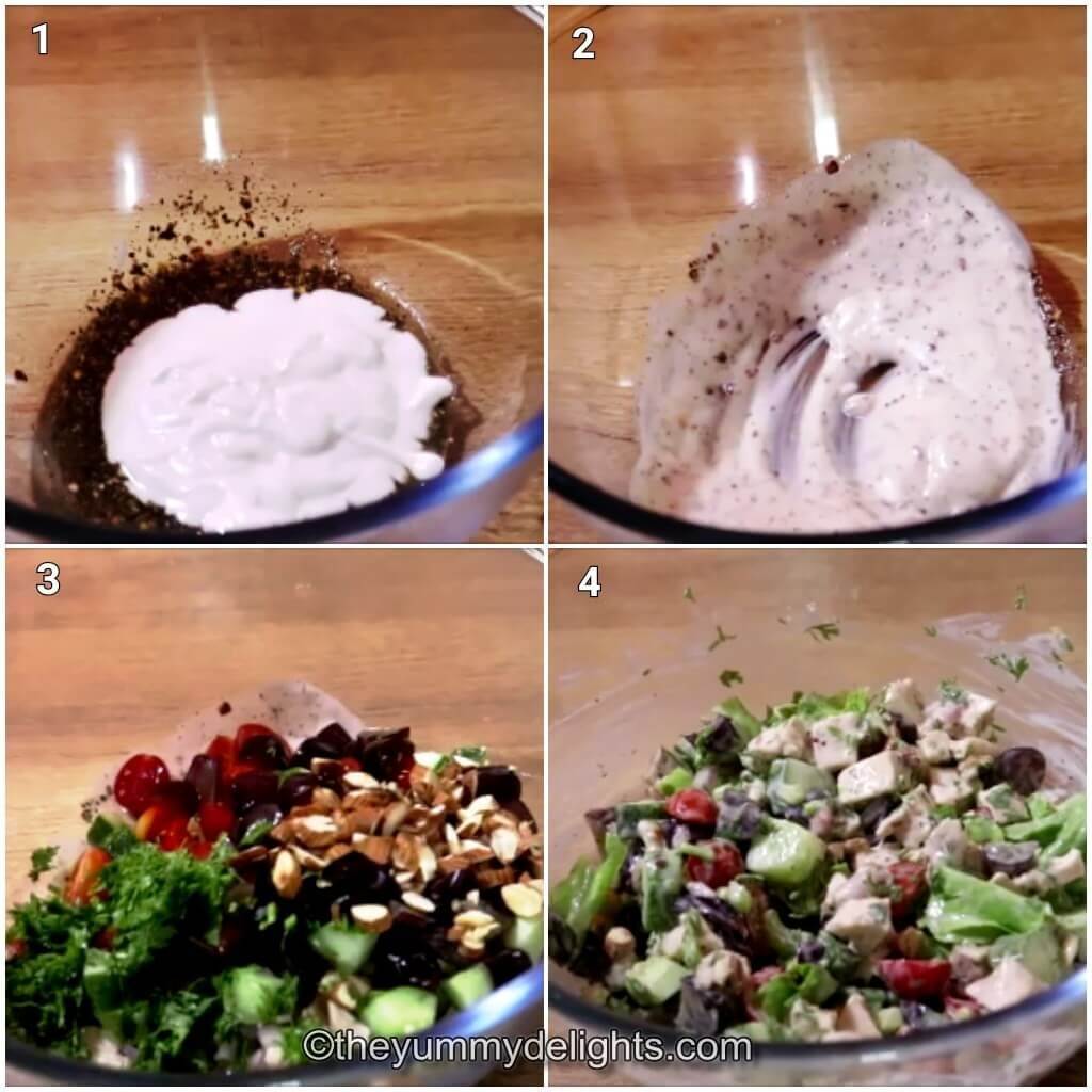 Collage image of 4 steps showing how to make chicken salad with mayonnaise. Shows mixing salad dressing, addition of salad ingredients and tossing them.