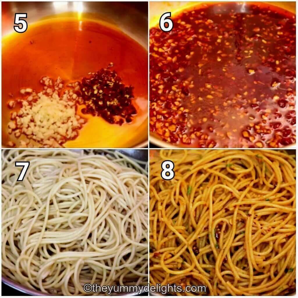 Collage image of 4 steps showing how to make garlic chili oil noodles.