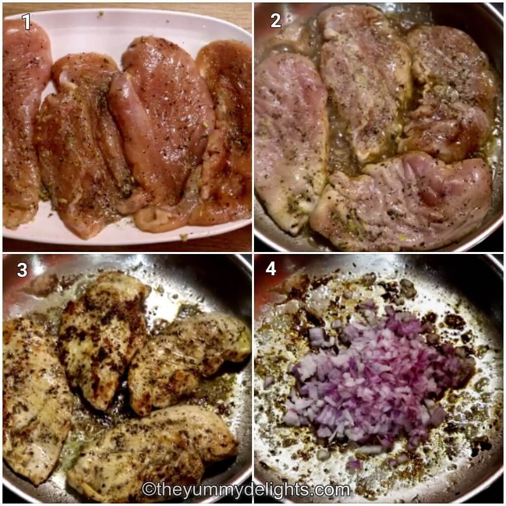 collage image of 4 steps showing how to make lemon chicken.Shows marinating the chicken, pan searing it and sauteing the onions.
