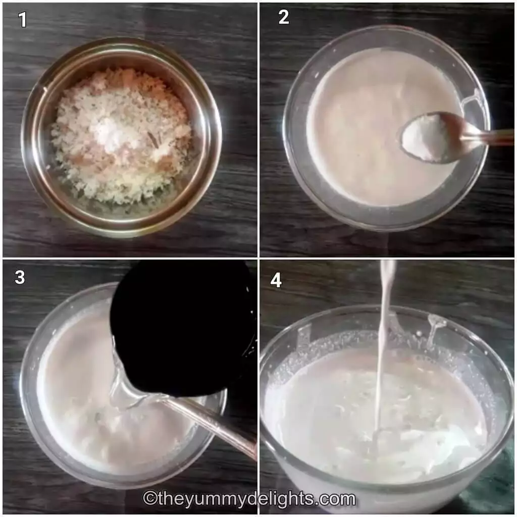 collage of 4 images showing how to make neer dosa batter. It shows grinding rice, addition of salt and water to make dosa batter.
