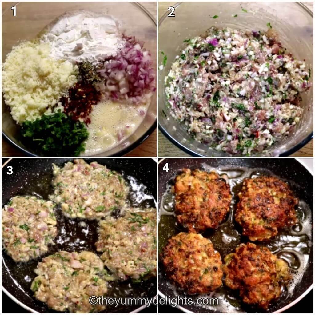 Collage of 4 photos showing how to make chicken fritters. Shows combining the chicken with other ingredients and frying it on a pan.