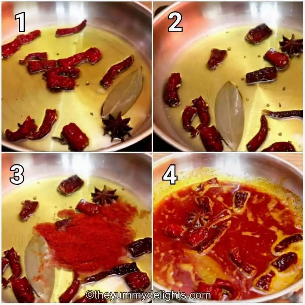 Collage image of 4 steps showing how to make chili oil for making garlic chili oil noodles.