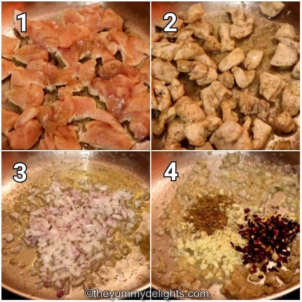 collage of 4 images showing cooking chicken, sauteing onion, and adiition of garlic and herbs.