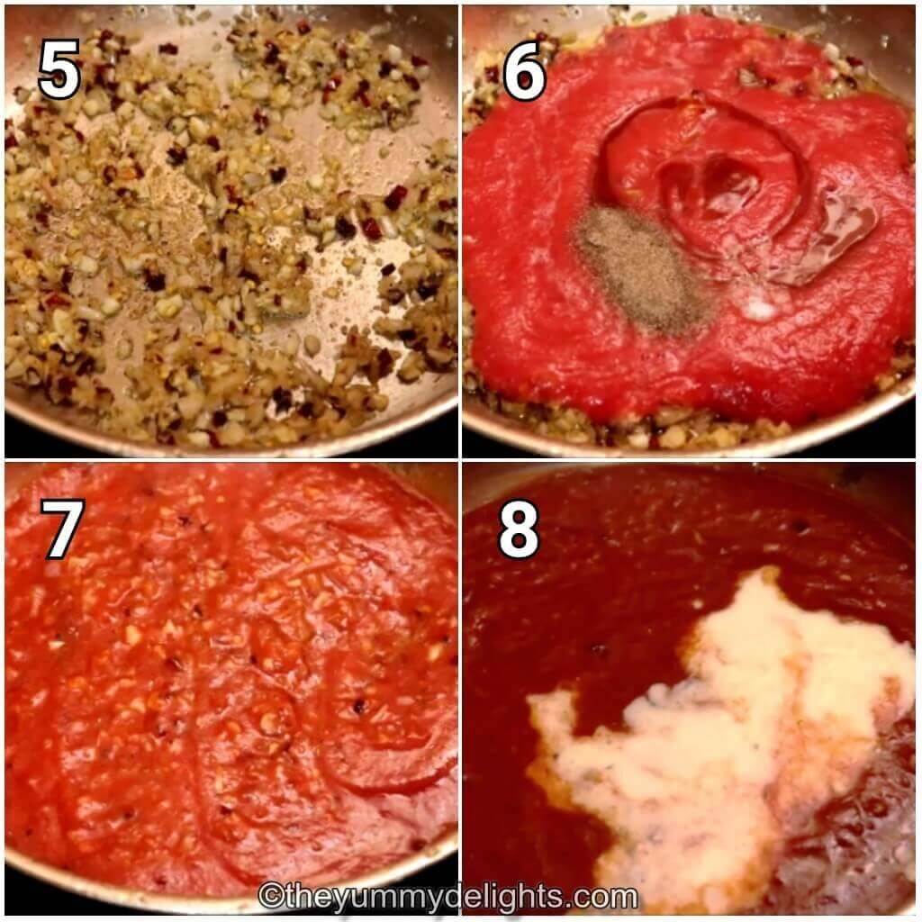 collage of 4 images showing how to make tomato onion spinach pasta. It shows addition of tomato and tomato paste, cooking it and addition of cream.