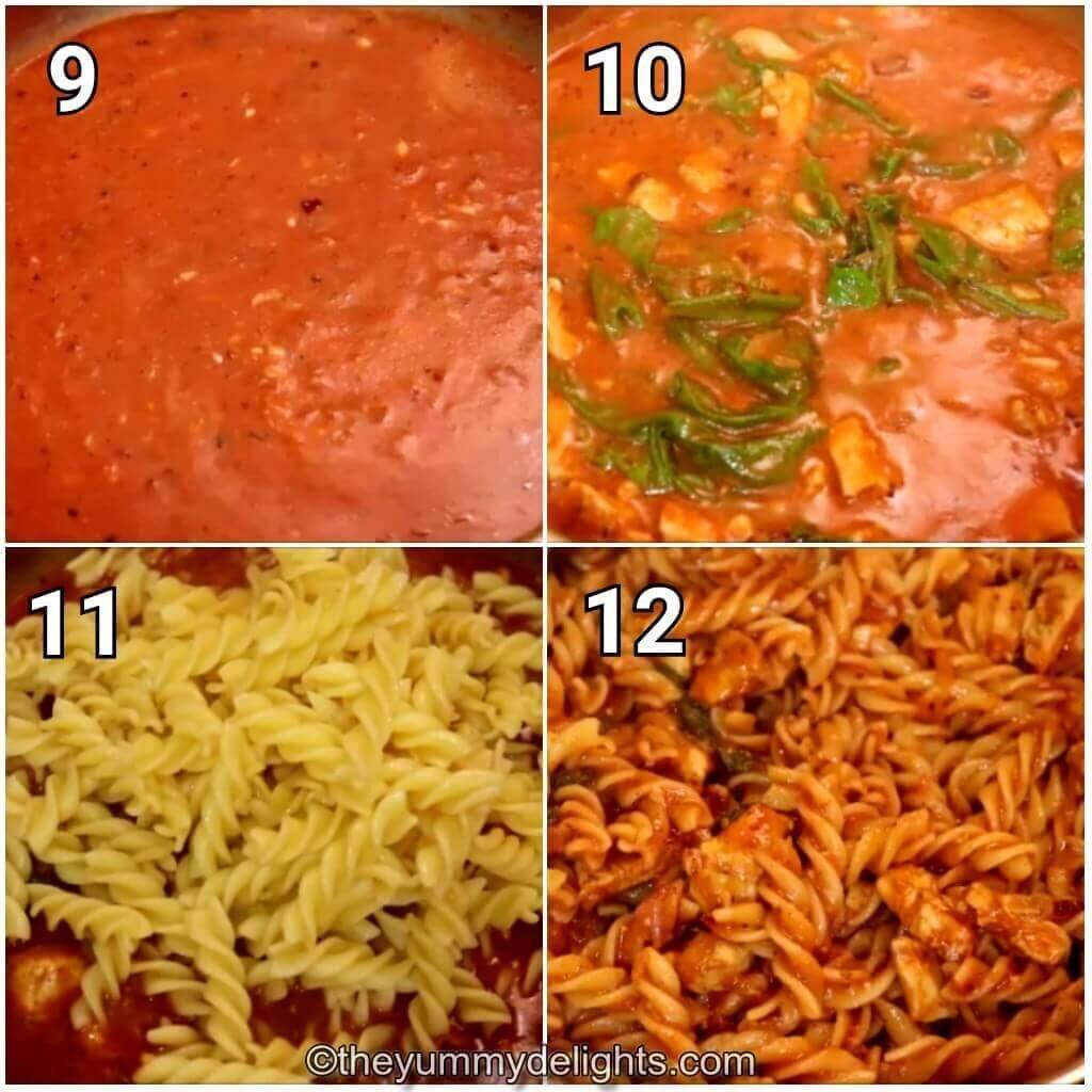collage of 4 images showing addition of spinach, pasta and chicken and cooking it to make tomato spinach chicken pasta.
