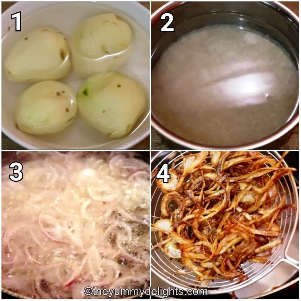 Collage image of 4 steps showing preparations to make Kolkata chicken biryani. It shows cooking potatoes, soaking biryani rice, and making birista.
