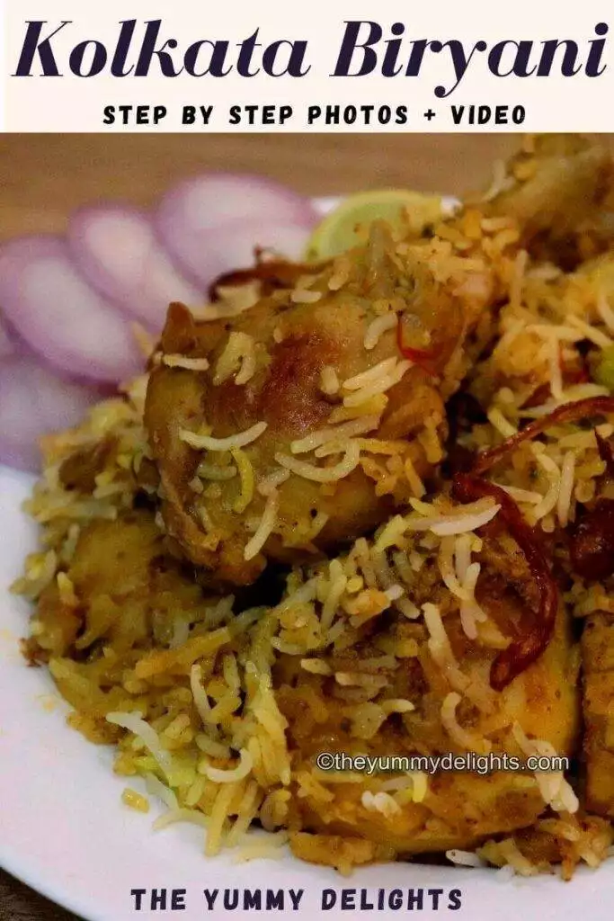 close-up of kolkata chicken biryani served on a white plate with text overlay. 