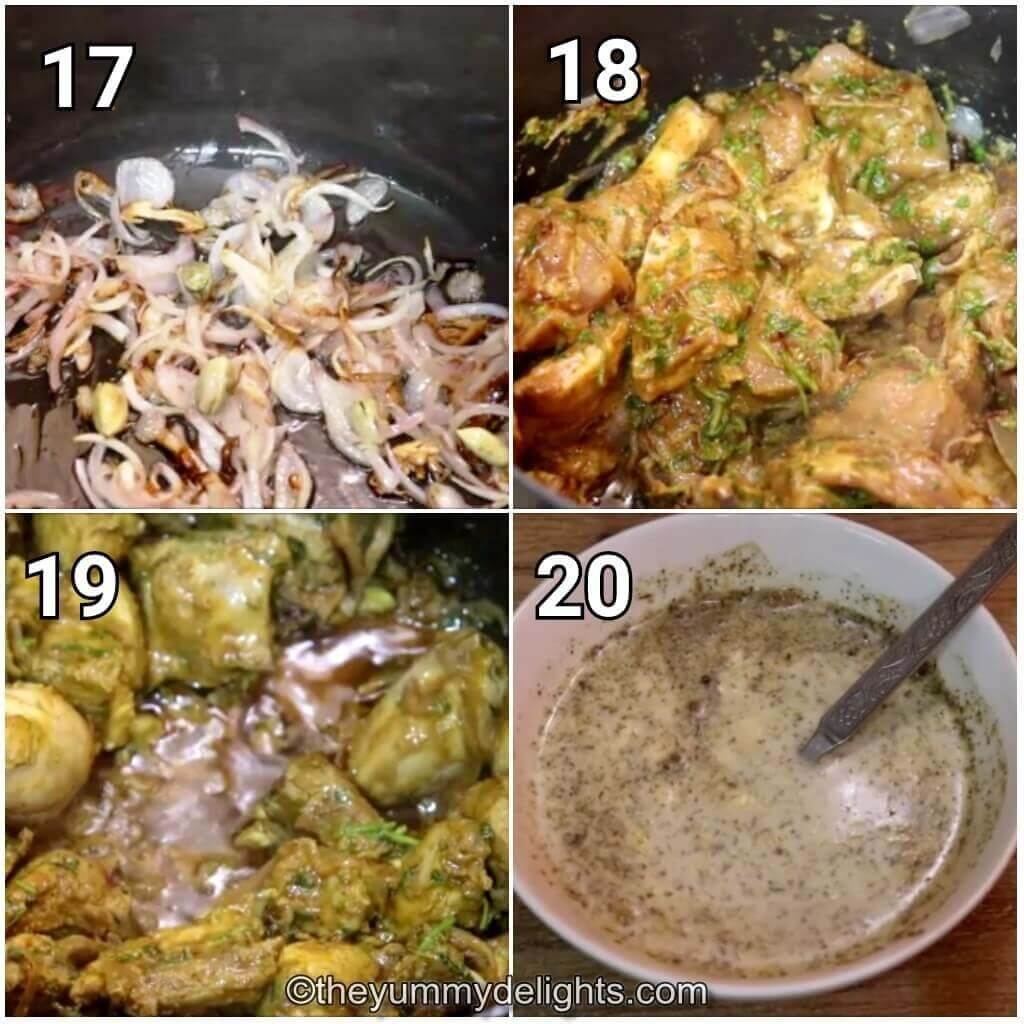 Collage image of 4 steps showing how to make biryani gravy and cooking the chicken.