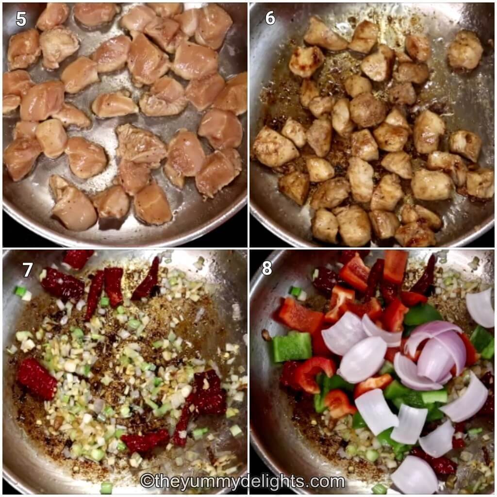 Collage image of 4 steps showing stir frying the chicken and the vegetables to make kung pao chicken.