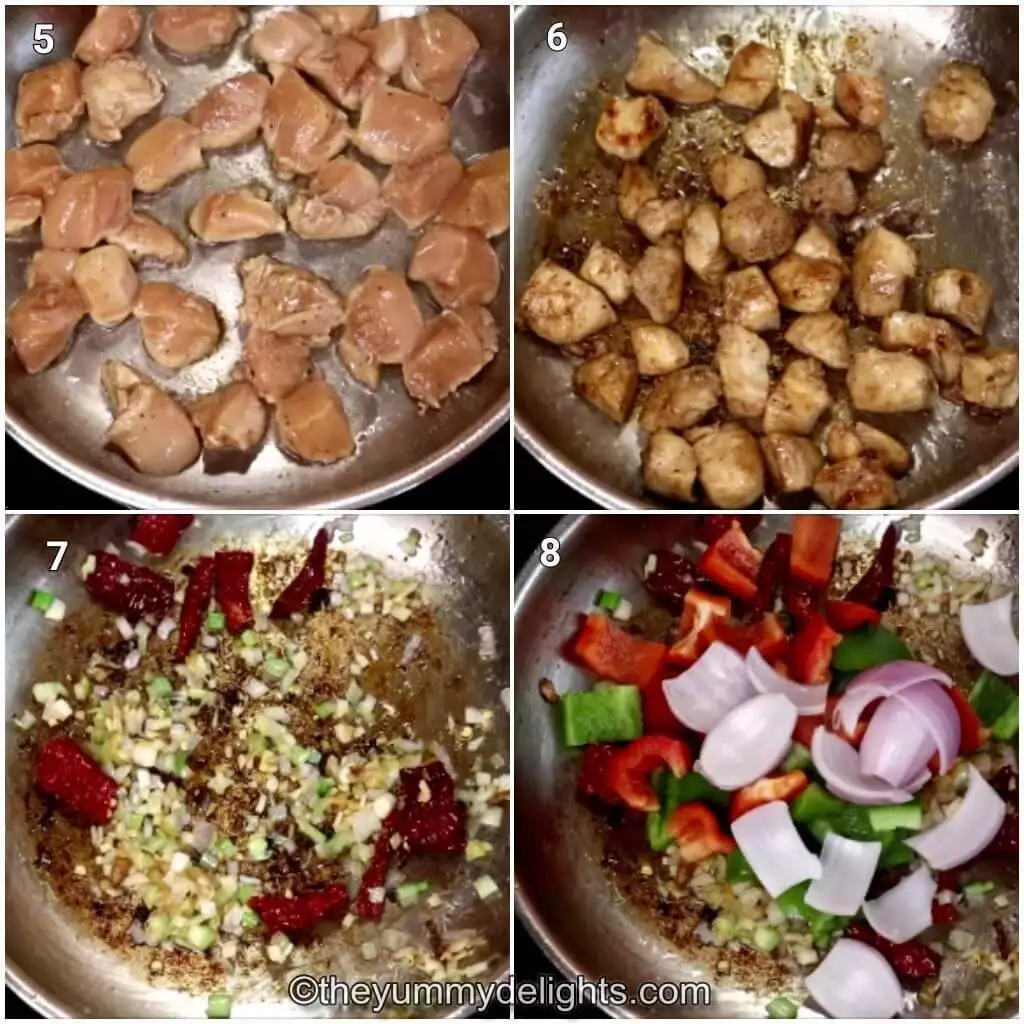 Collage image of 4 steps showing stir frying the chicken and the vegetables to make kung pao chicken.