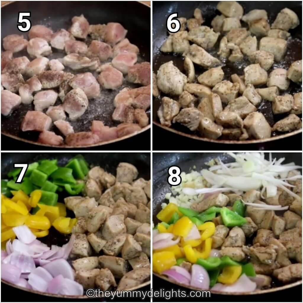 Collage image of 4 steps showing how to make black pepper chicken stir-fry. It shows stir-frying the chicken, and vegetables.