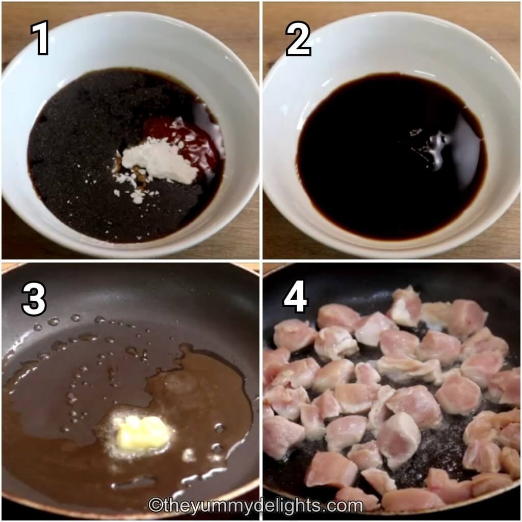 collage image of 4 steps showing how to make stir-fry sauce and cooking chicken for black pepper chicken recipe.