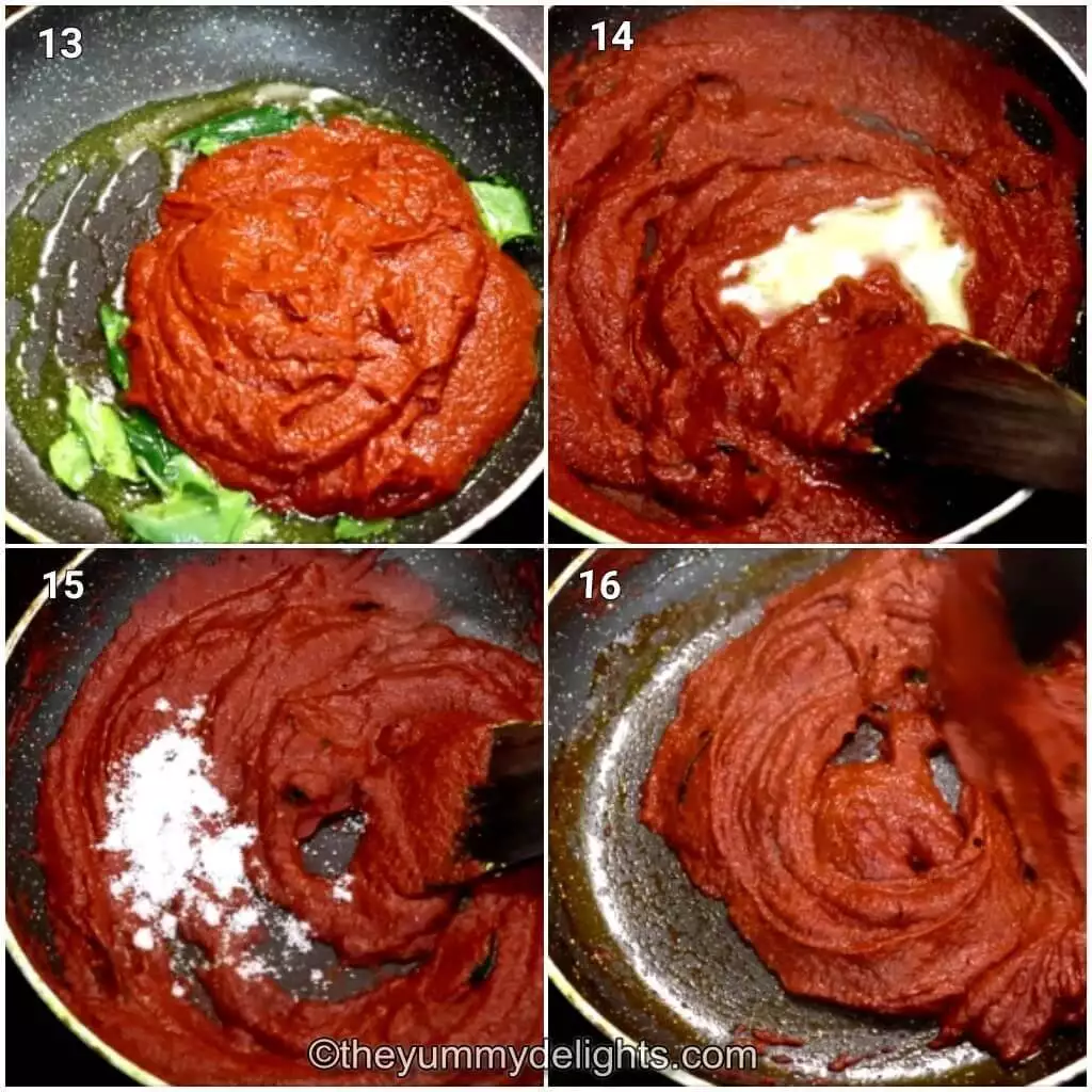 collage of 4 images showing how to make mangalorean ghee roast masala. It shows roasting the masala with ghee.