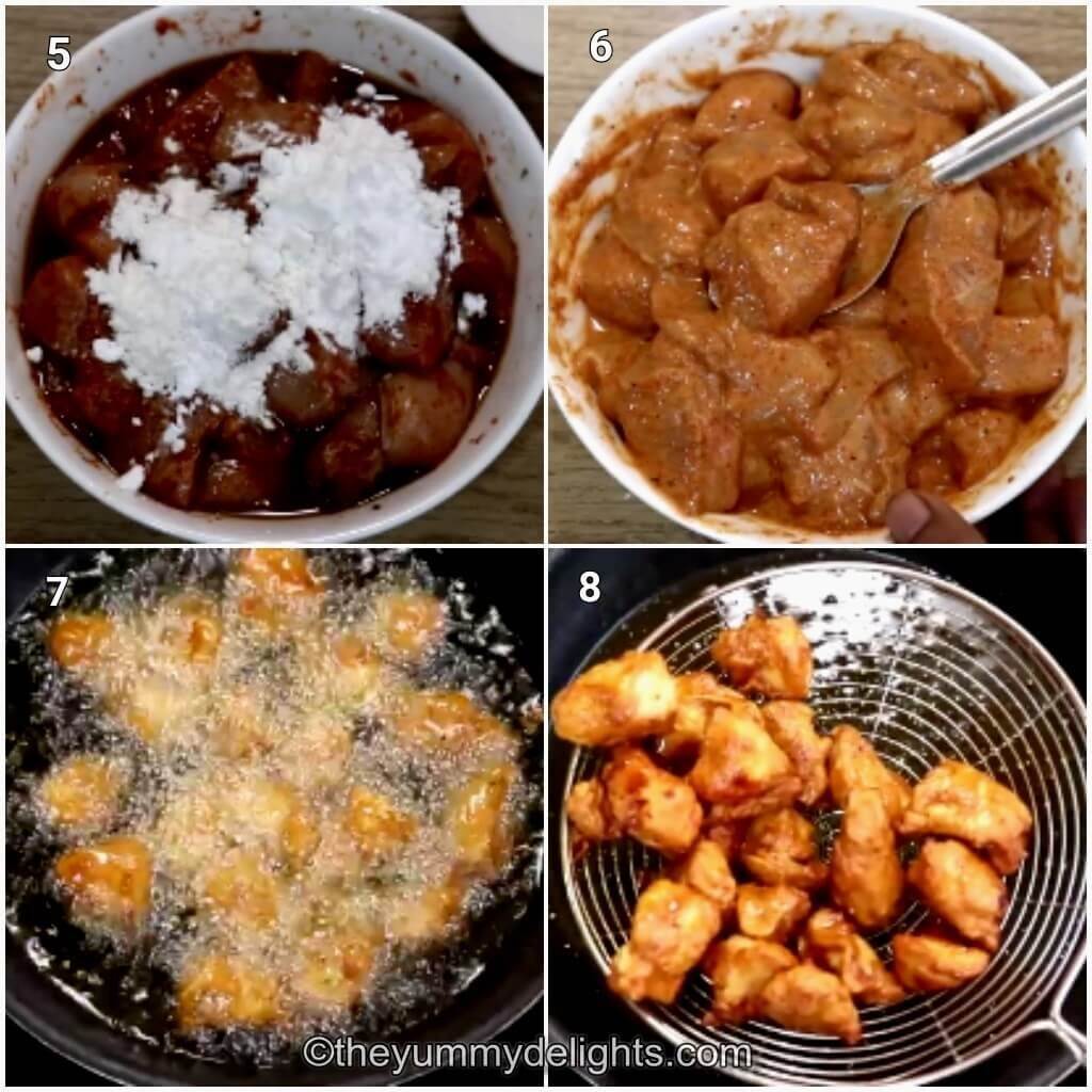 Collage image of 4 steps showing frying the chicken to make Indo-Chinese chilli chicken gravy. It shows addition of flour to marinated chicken and deep frying it.