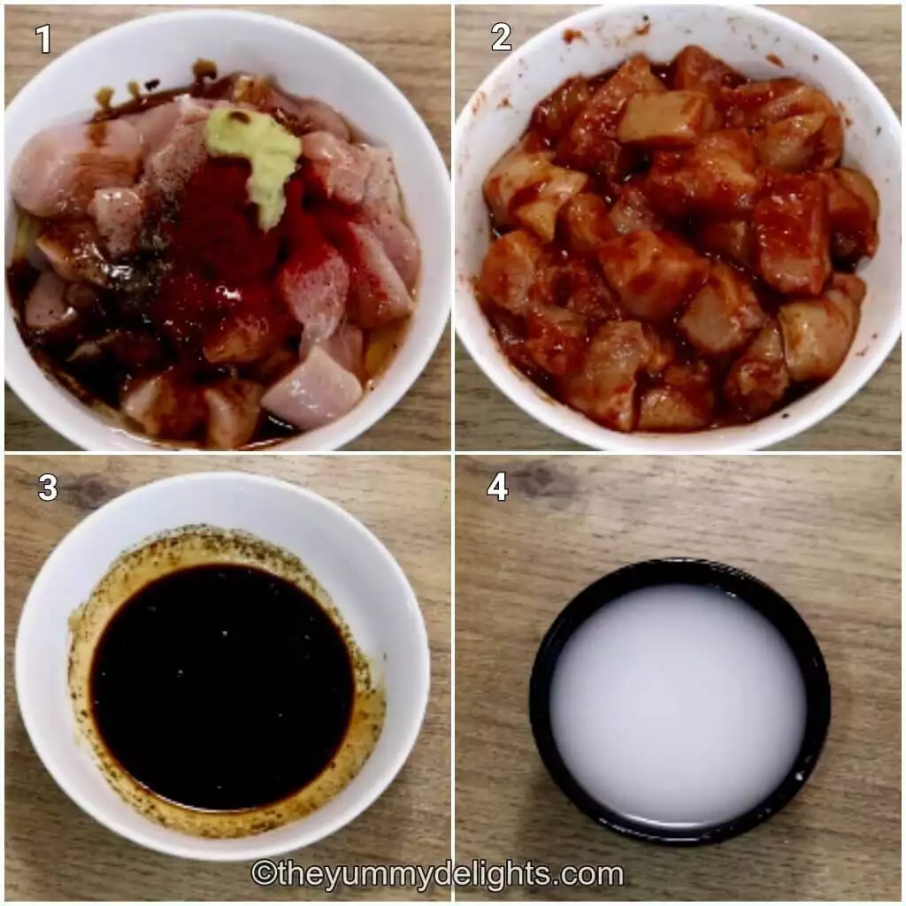 Collage image of 4 steps showing preparations to make chilli chicken gravy. It shows marinating the chicken, making the sauce and cornstarch slurry.