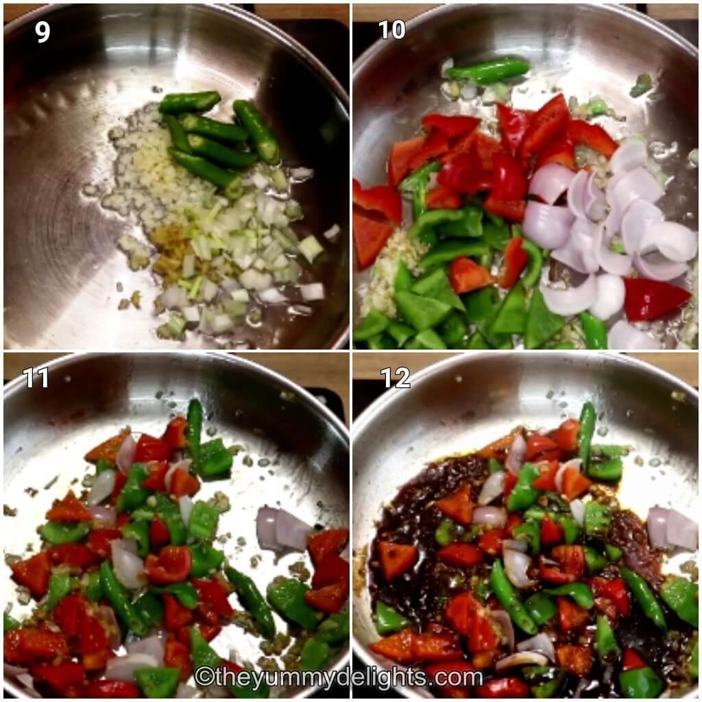 Collage image of 4 steps showing stir frying the vegggies and addition of sauce to make chilli chicken gravy recipe.