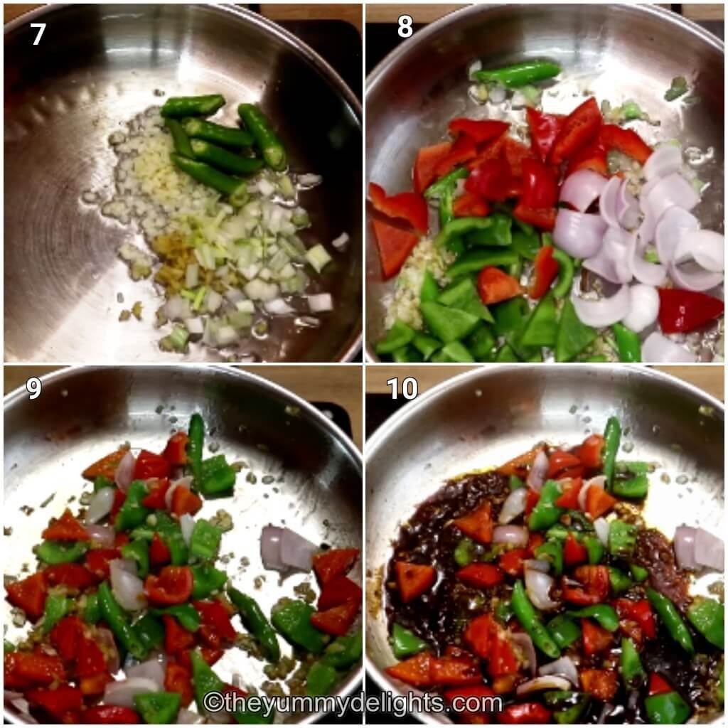
Collage image of 4 steps showing how to make dry chilli chicken. It shows sauteing onion, ginger and garlic, addition of bell peppers and sauce.