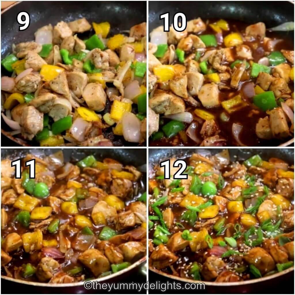 collage image of 4 steps showing addition of stir-fry sauce and combining it to make chinese black pepper chicken stir-fry recipe.