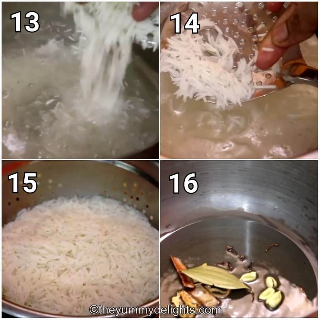 Collage image of 4 steps showing cooking the biryani rice to make Bengali chicken biryani recipe.