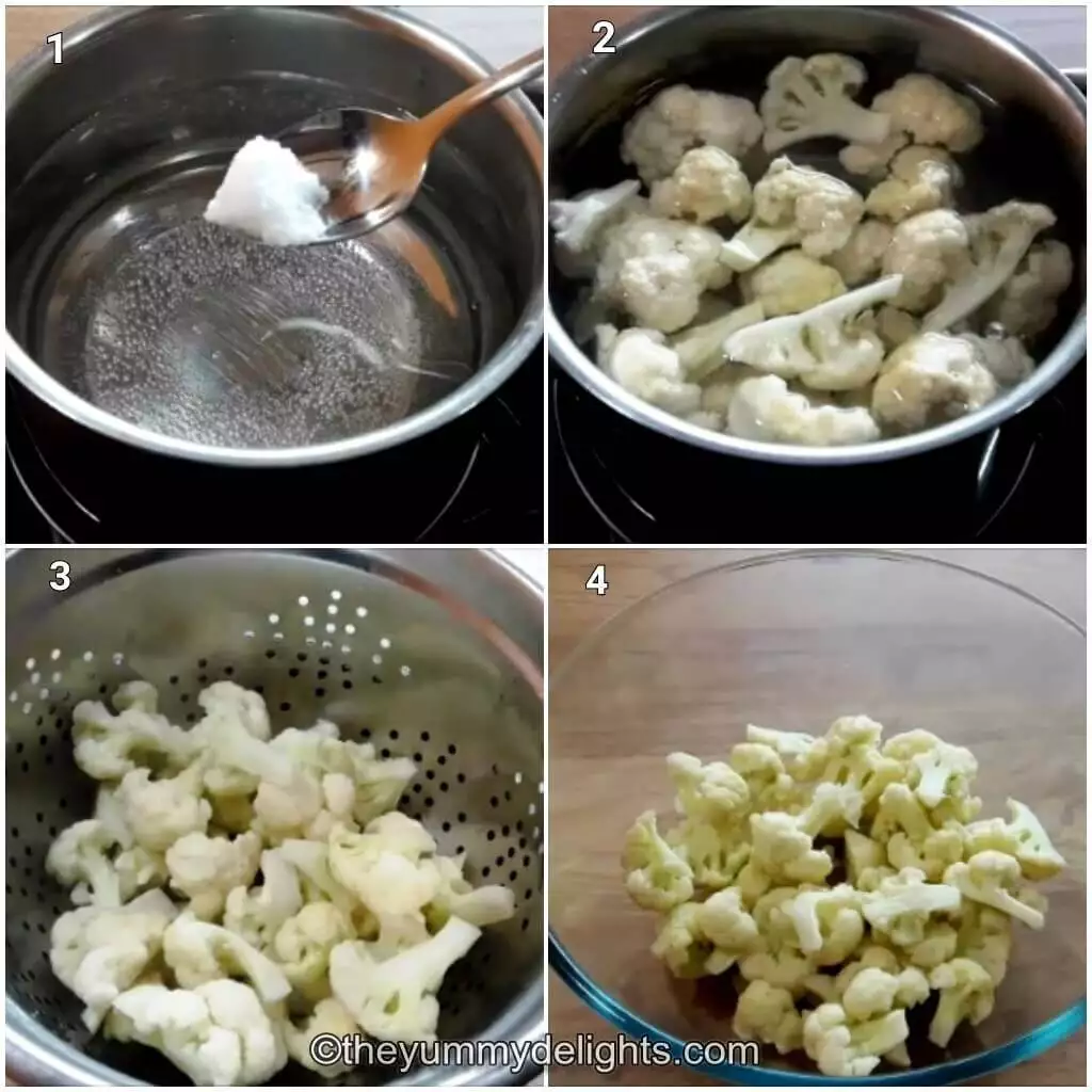 collage image of 4 steps showing blanching the gobi.