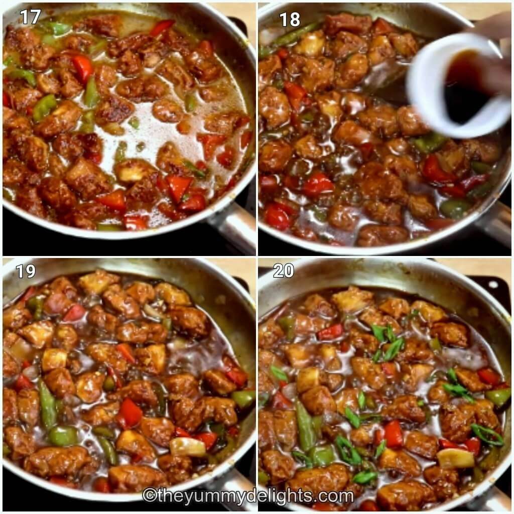 Collage image of 4 steps showing addition of soy sauce and cooking the chilli chicken gravy.