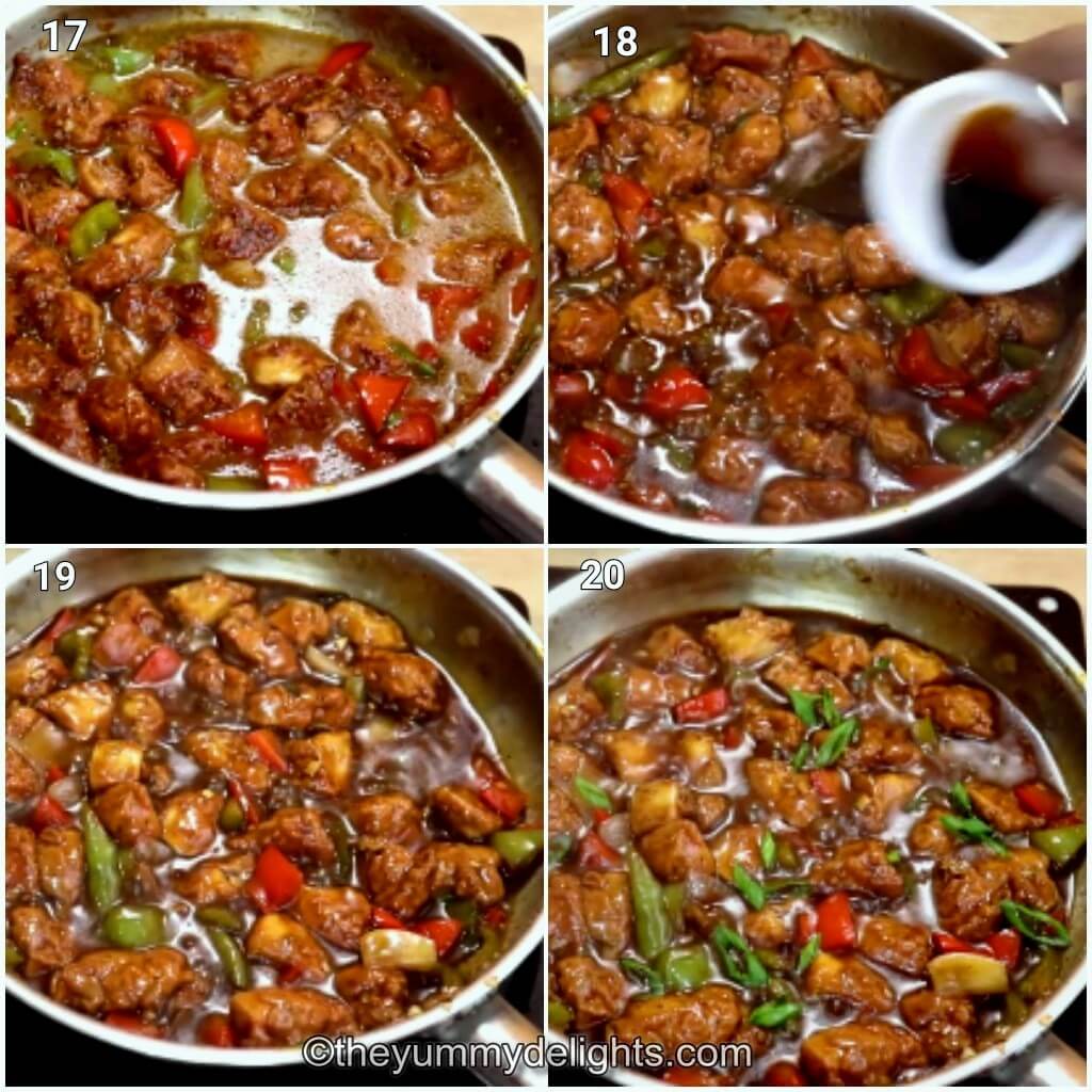 collage image of 2 steps showing addition of dark soy sauce and cooking the chilli chicken gravy.