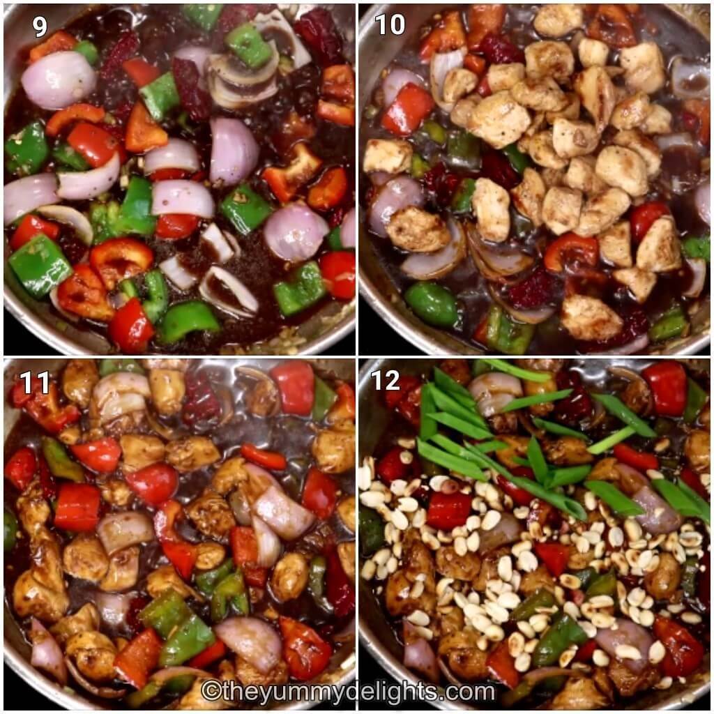 Collage image of 4 steps showing addition of kung pao sauce, and combining chicken to make healthy kung pao chicken recipe.