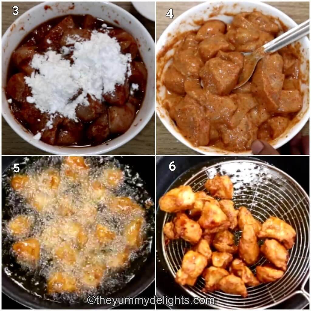 Collage image of 4 steps showing how to make chinese chilli chicken dry. It shows addition of flour to the marinated chicken and frying it.