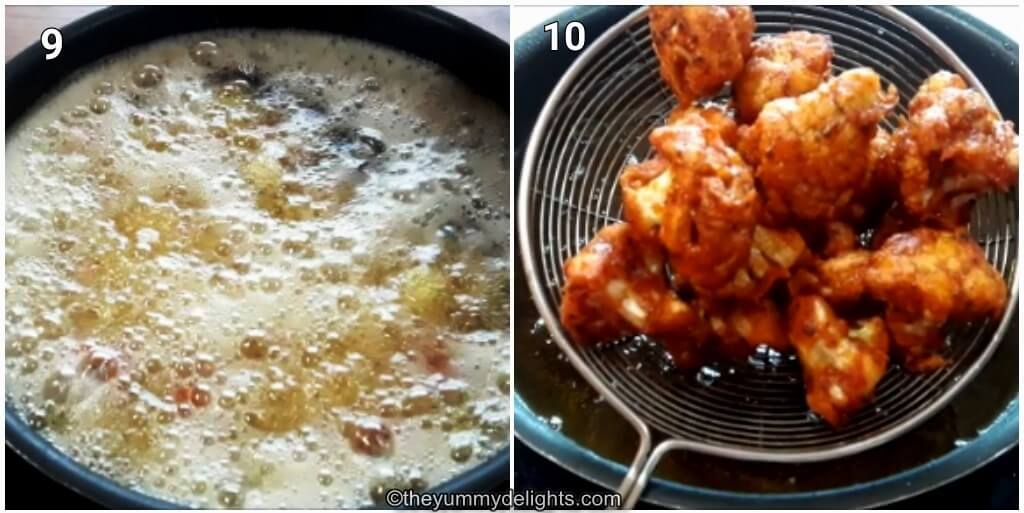 collage image of 2 steps showing frying gobi to make crispy gobi manchurian recipe.